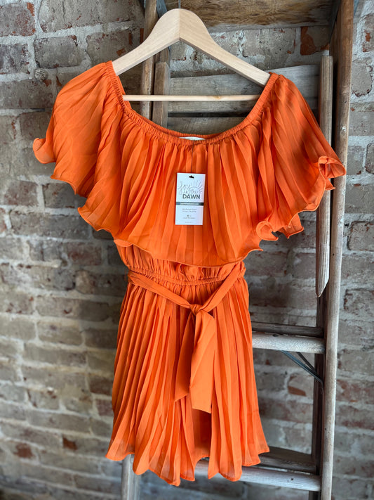 Pleated Off Shoulder Romper - Orange