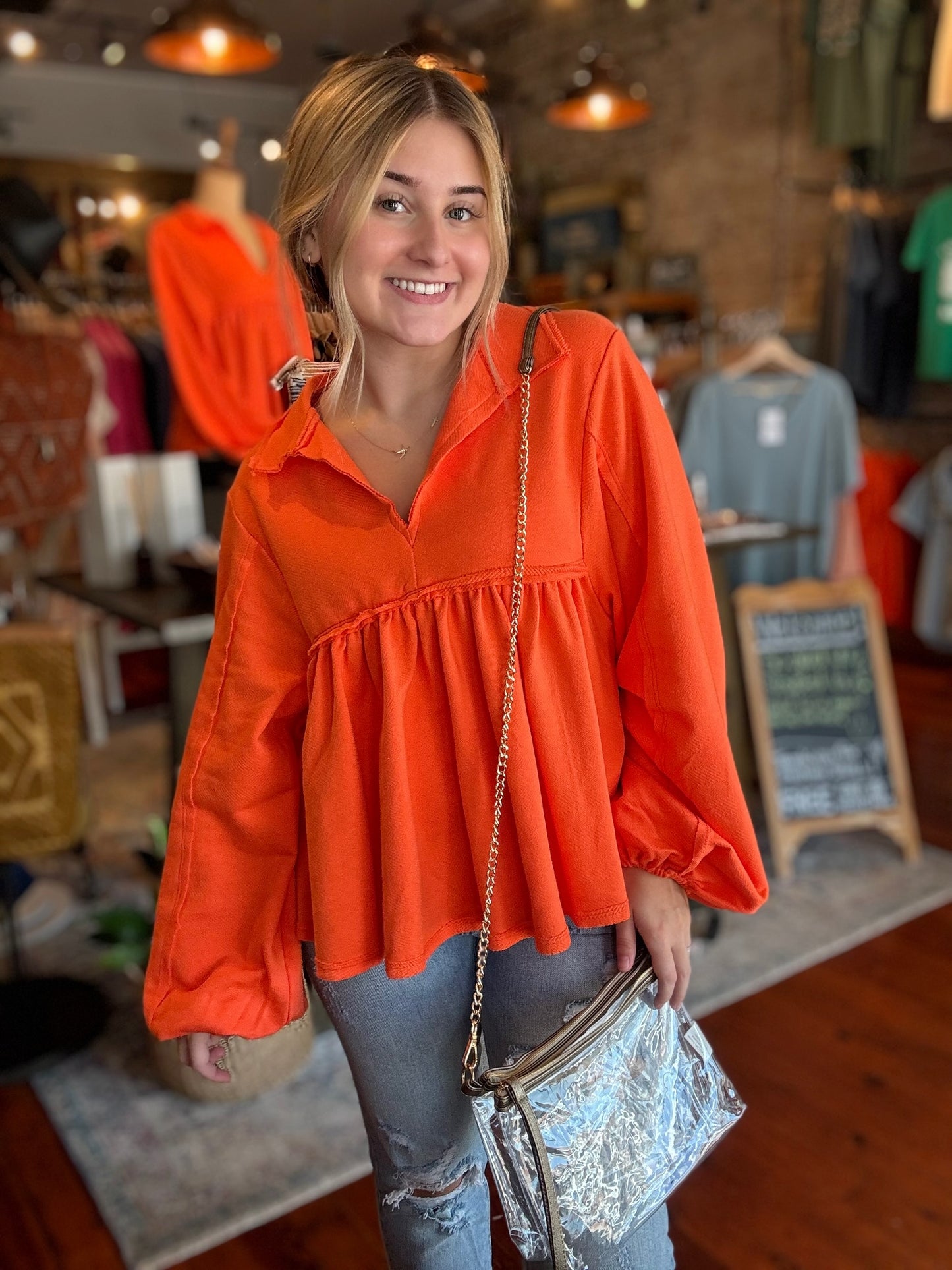 Collared Pleated Top-  Orange