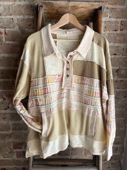 Mixed Fabric Long Sleeve Top