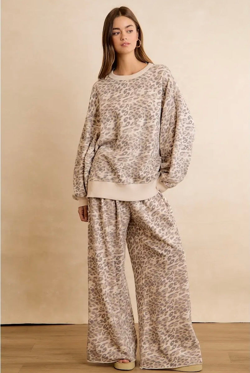 Leopard Fleece Wide Leg Pants