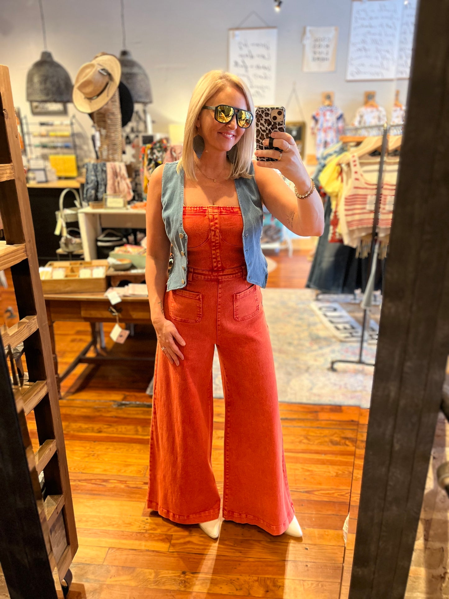 Mineral Washed Wide Leg Jumpsuit -Burnt Orange