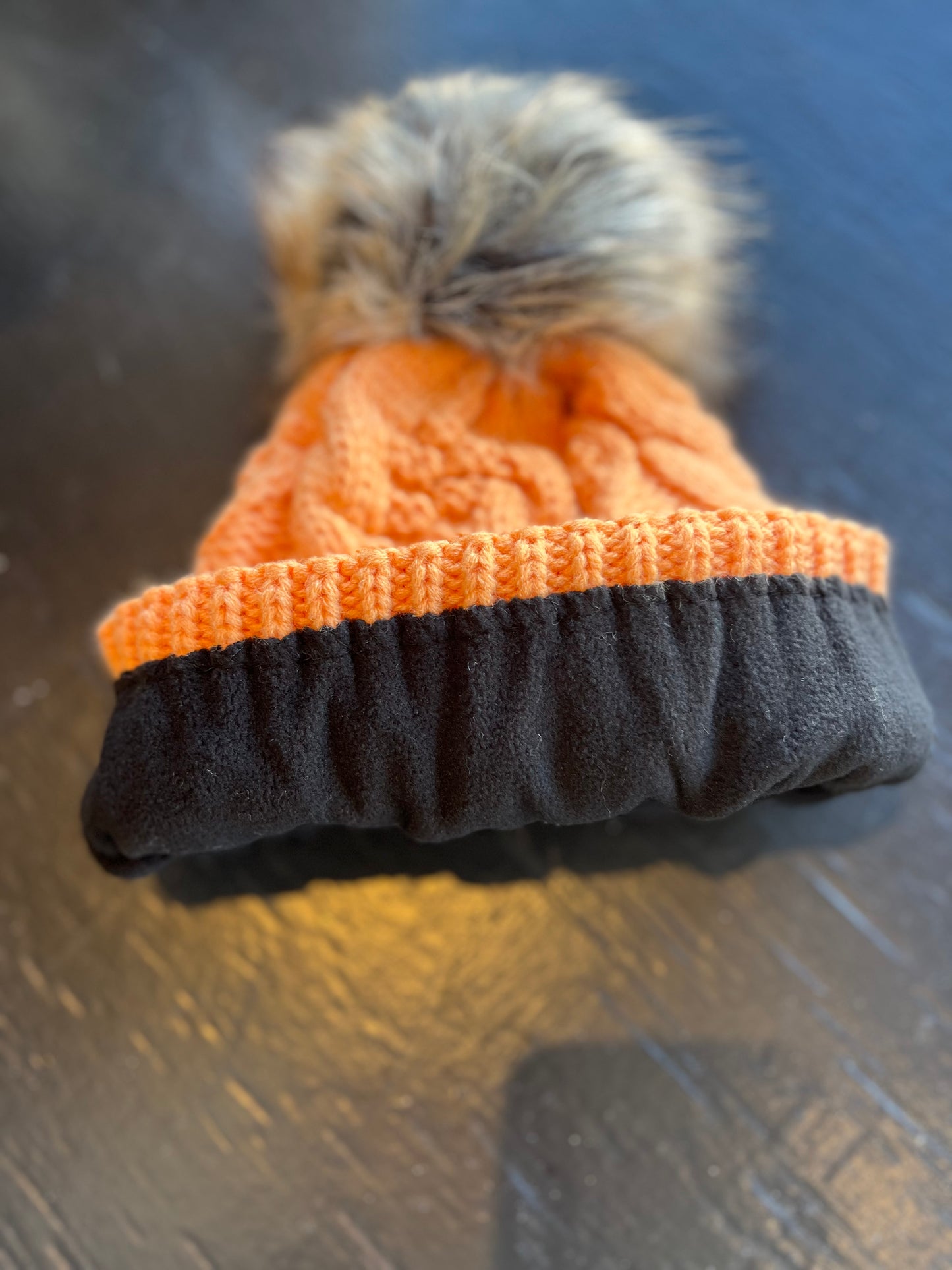 Cable Knit Pom Beanie- Light Orange