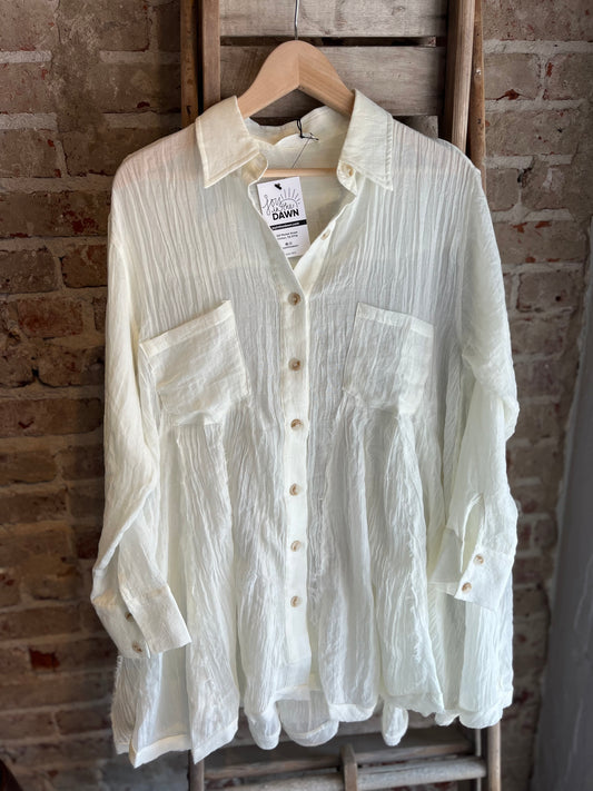 Oversized Gauze Paneled Top-  White
