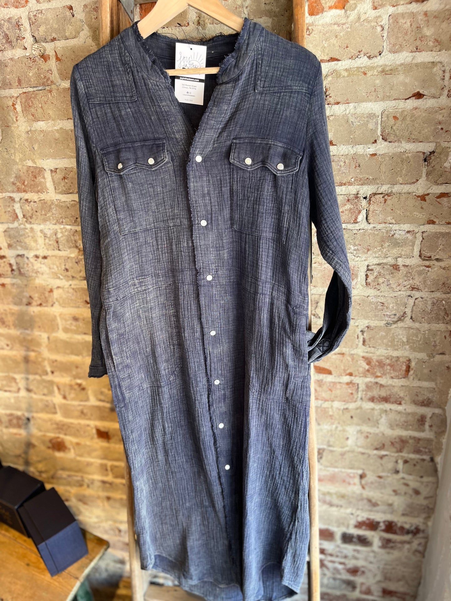 Pearl Snap Long Sleeve Dress- Denim Color