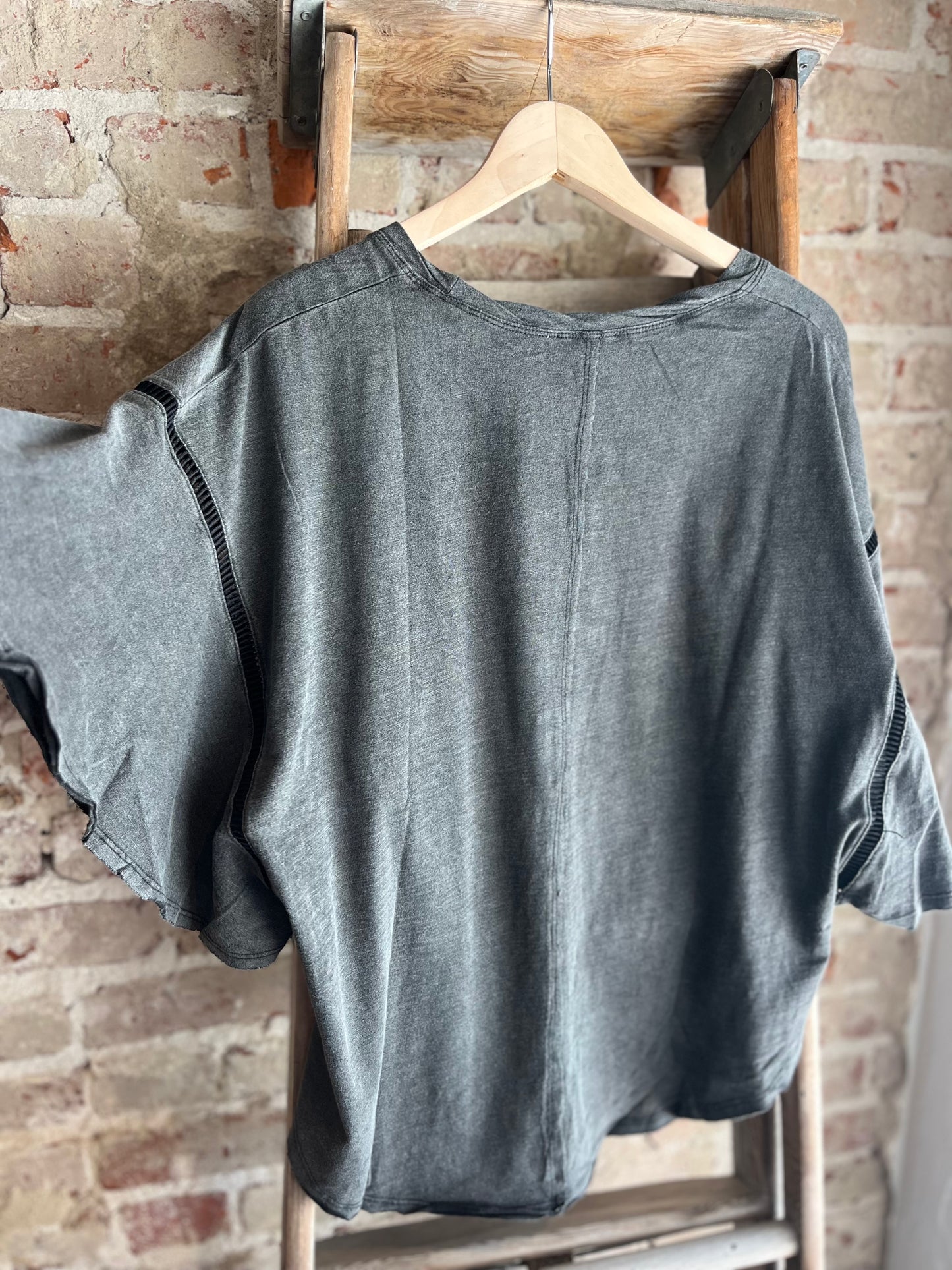 Mineral Washed Ruffle Sleeve Top-Black
