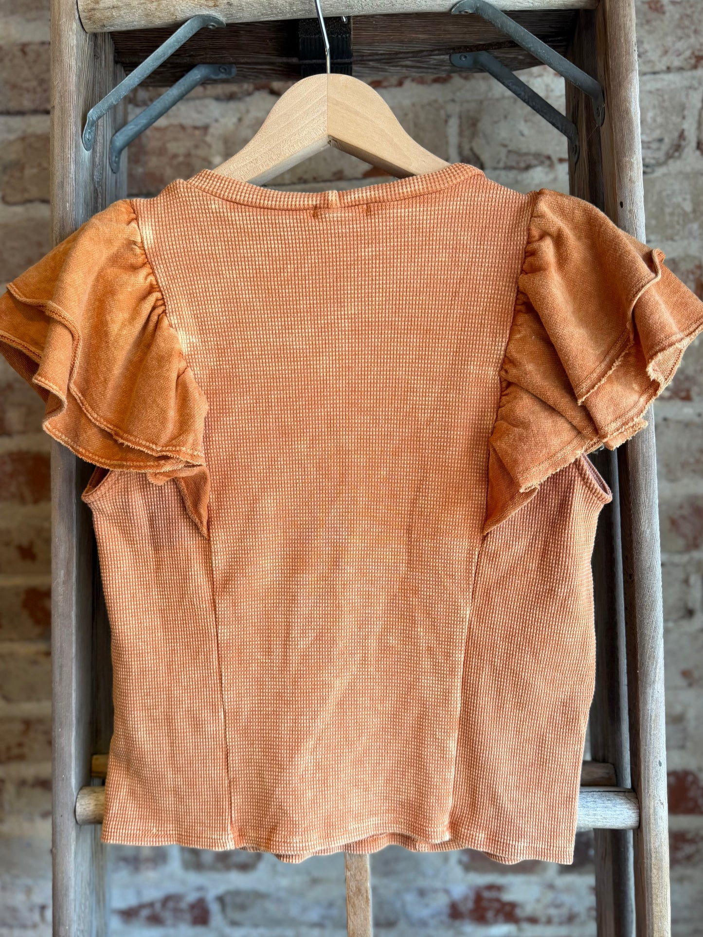 Mineral Washed Ruffle Sleeve Waffle Top -Orange