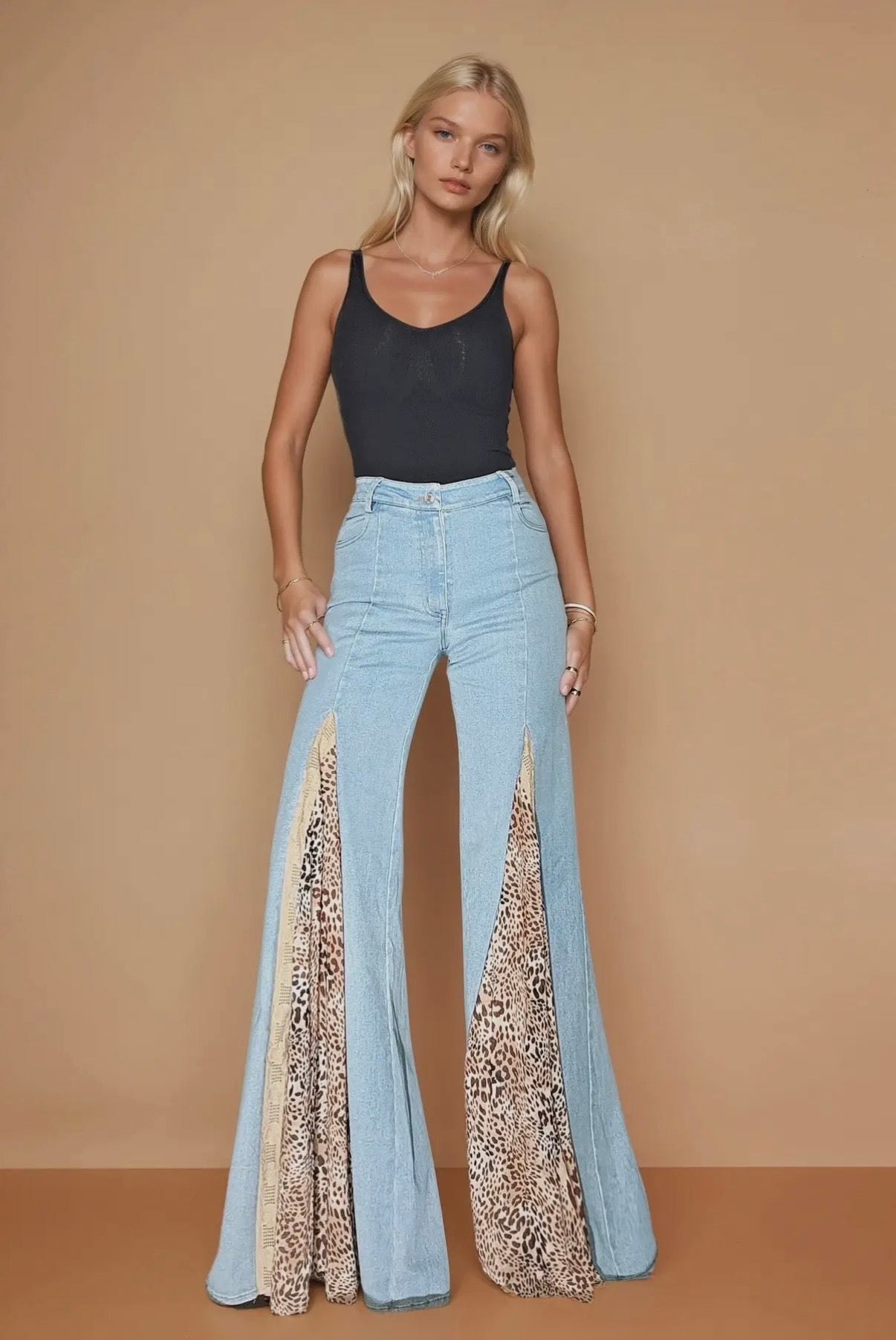 Leopard and Lace Wide Leg Jeans