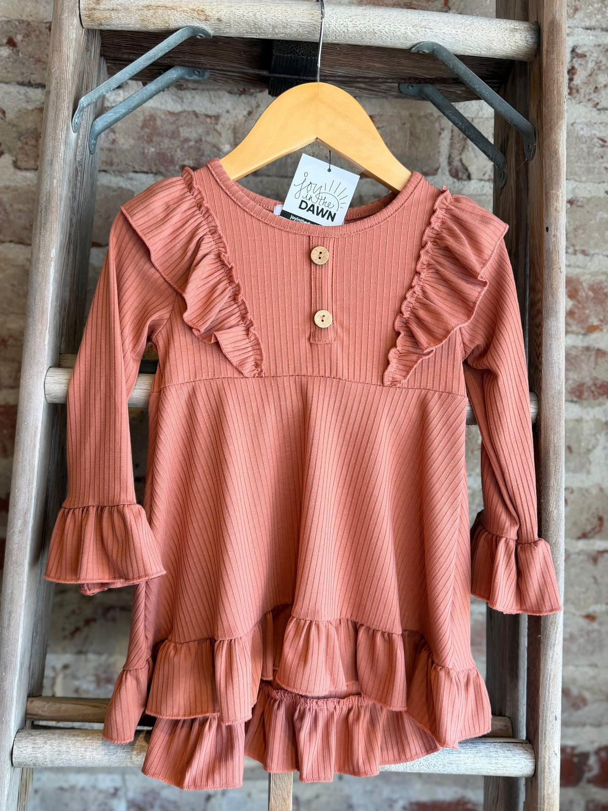 Ribbed Long Sleeve Ruffle Tunic-Rust