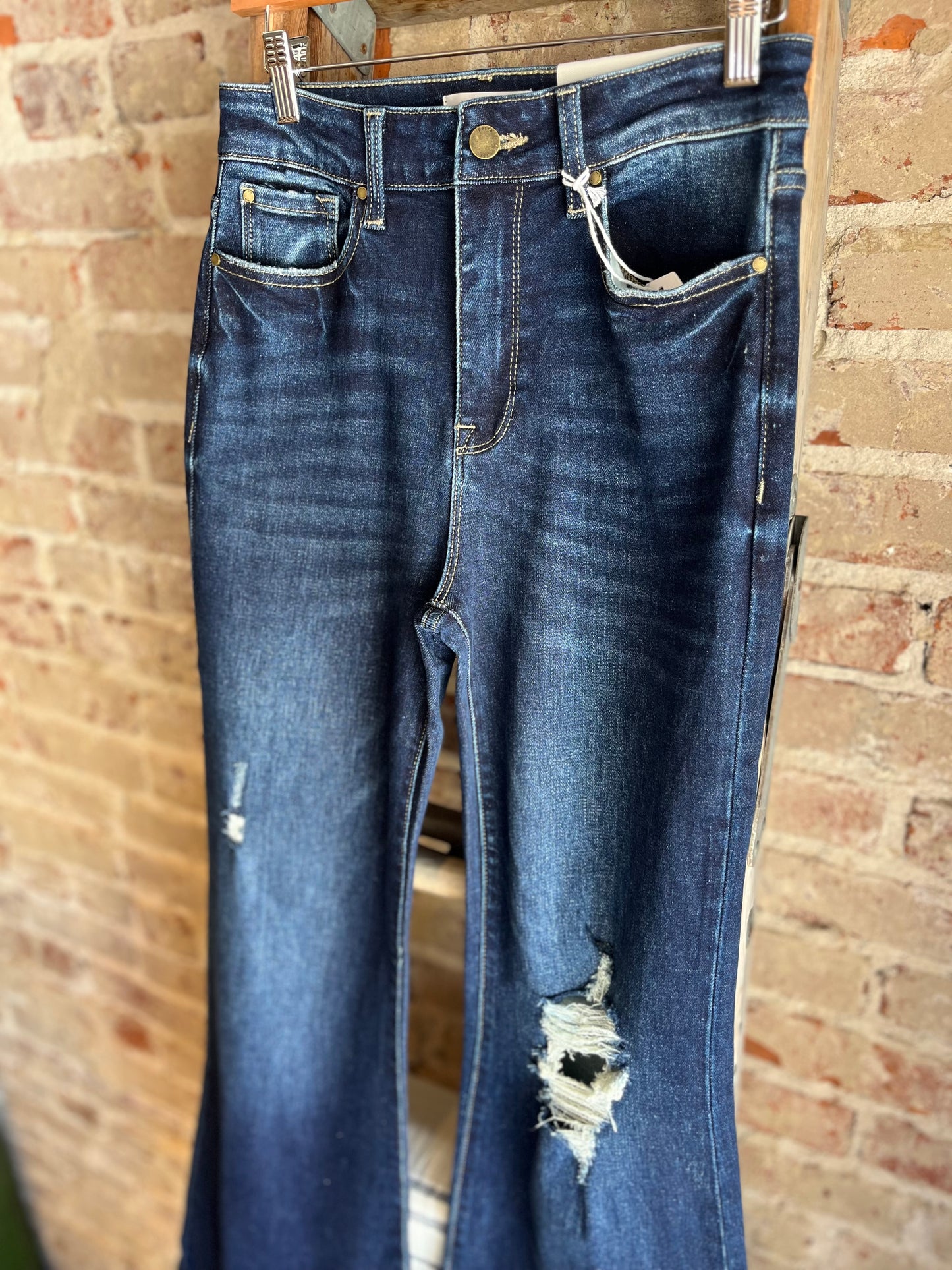 Distressed High Rise Flare Jeans- Dark