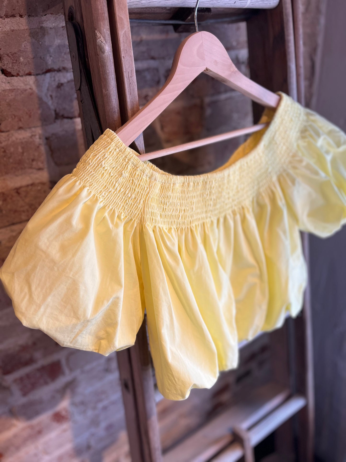 Off-Shoulder Smocked Bubble Crop Top- Lemon