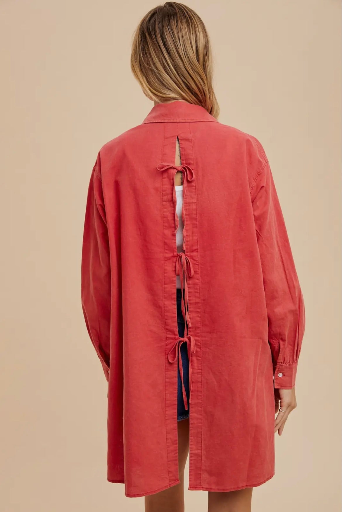 Washed Tomato Red Button Up w/ Bows