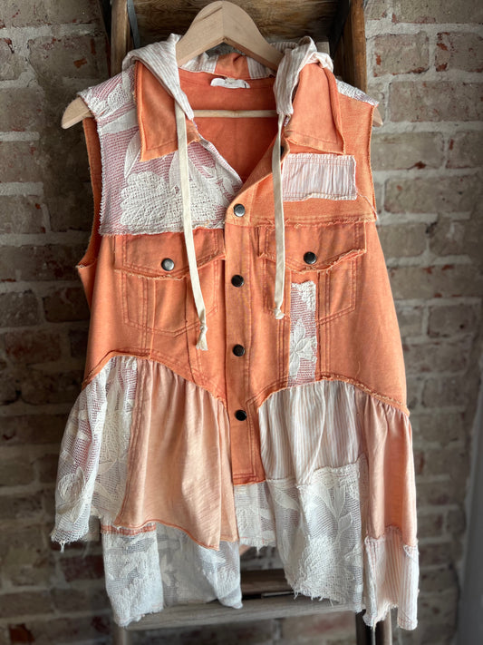 Lace & Ruffle Vest-Orange/Cream