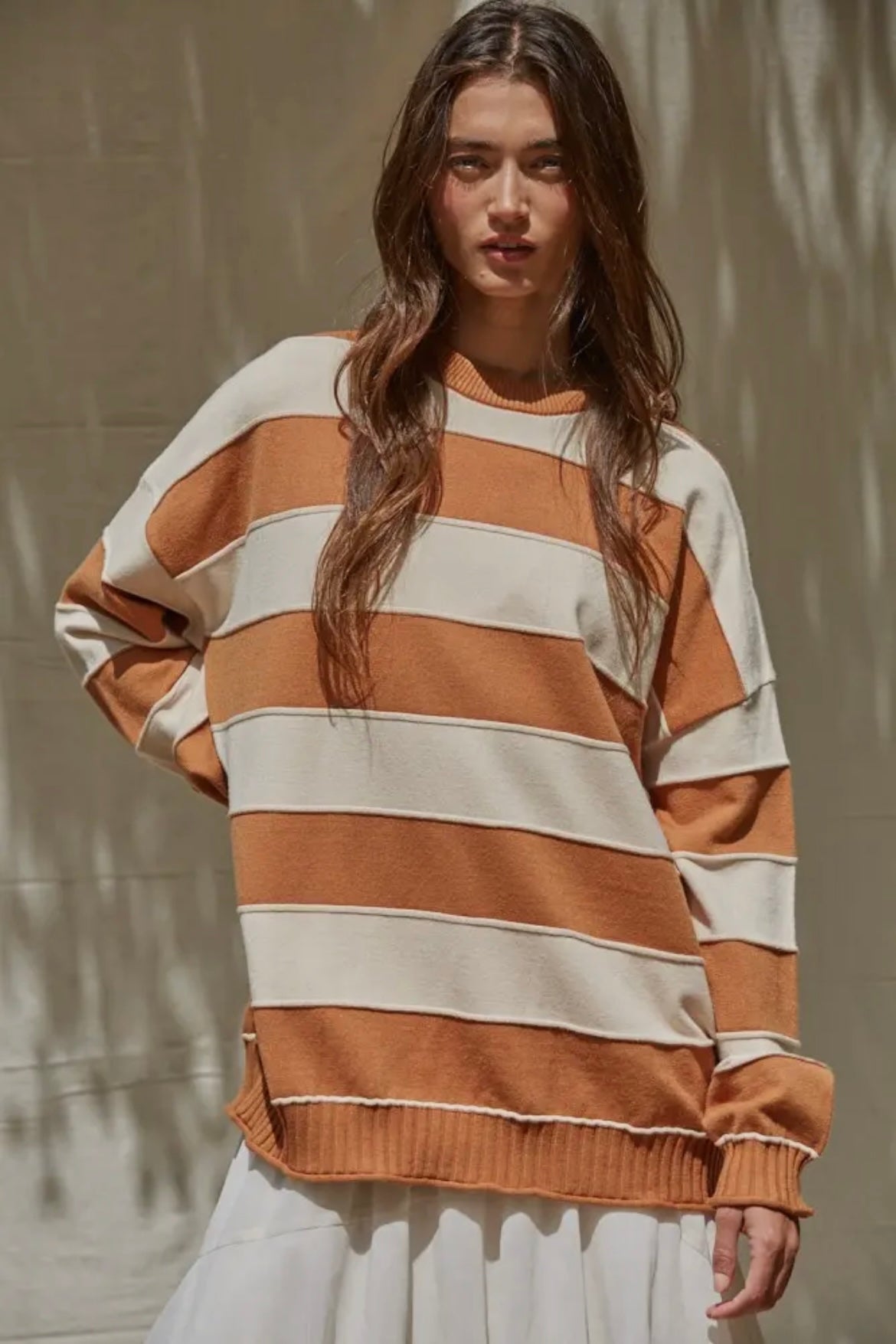 Knit Striped Crewneck Sweater - Camel