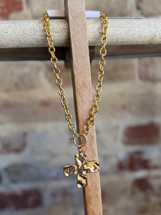 Hammered Cross Necklace- Gold/Waterproof
