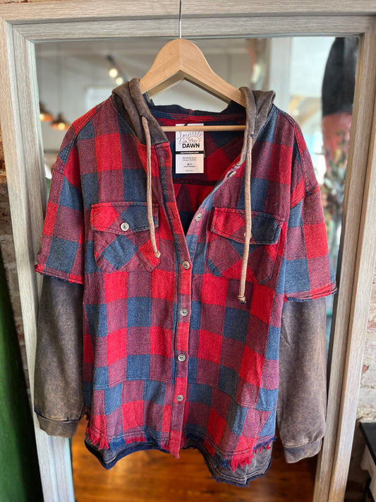 Mineral Washed Plaid Hooded Jacket