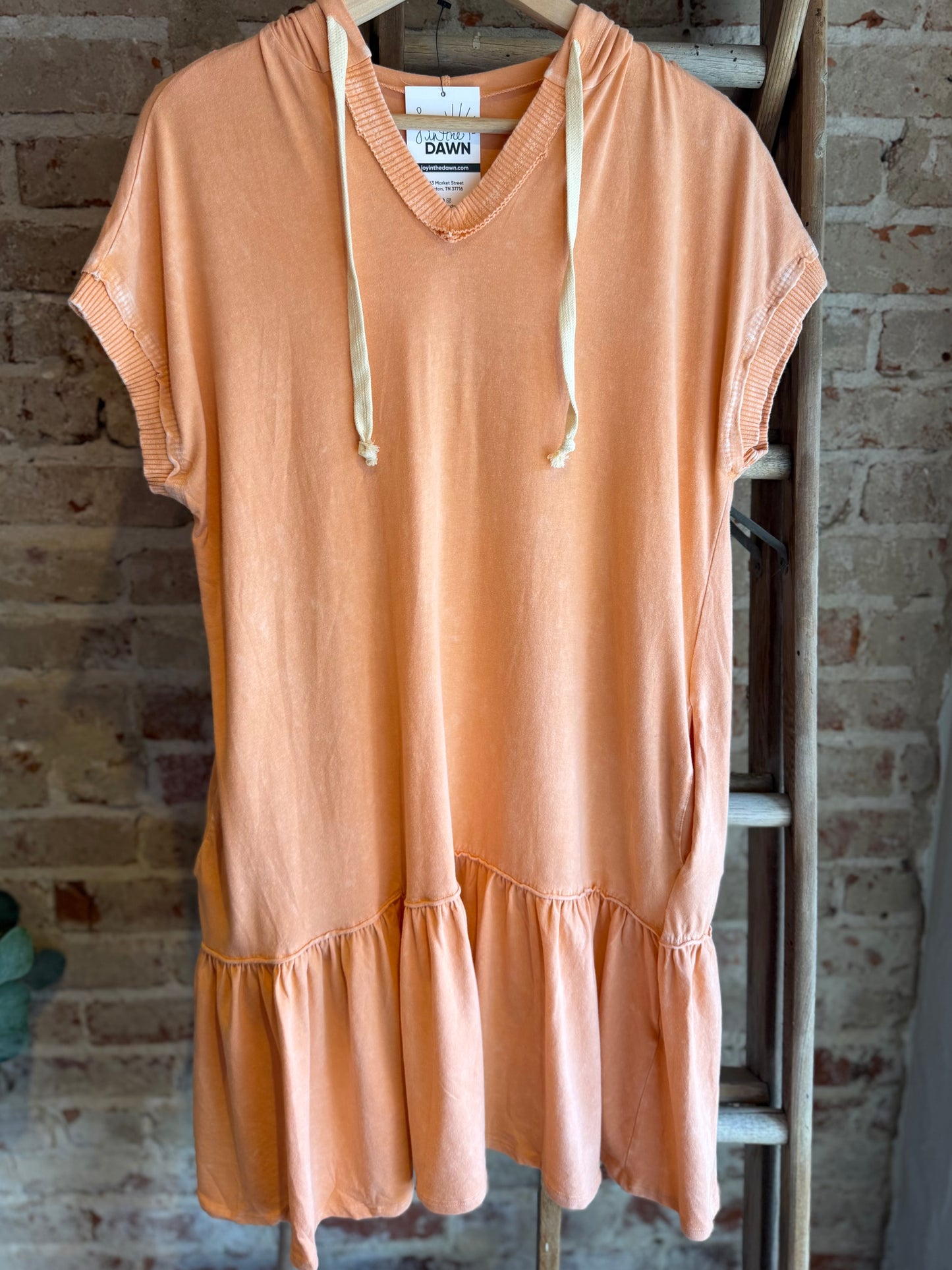Mineral Wash Hooded Tiered Dress - Light Orange