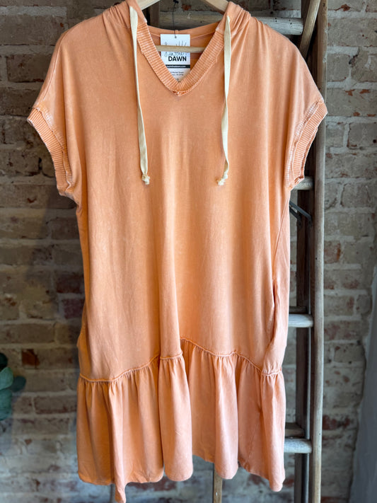 Mineral Wash Hooded Tiered Dress - Light Orange