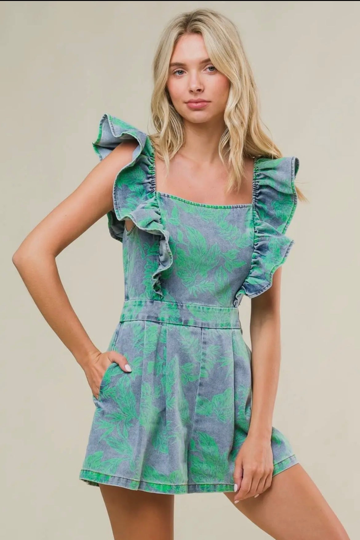 Printed Flutter Sleeve Denim Romper
