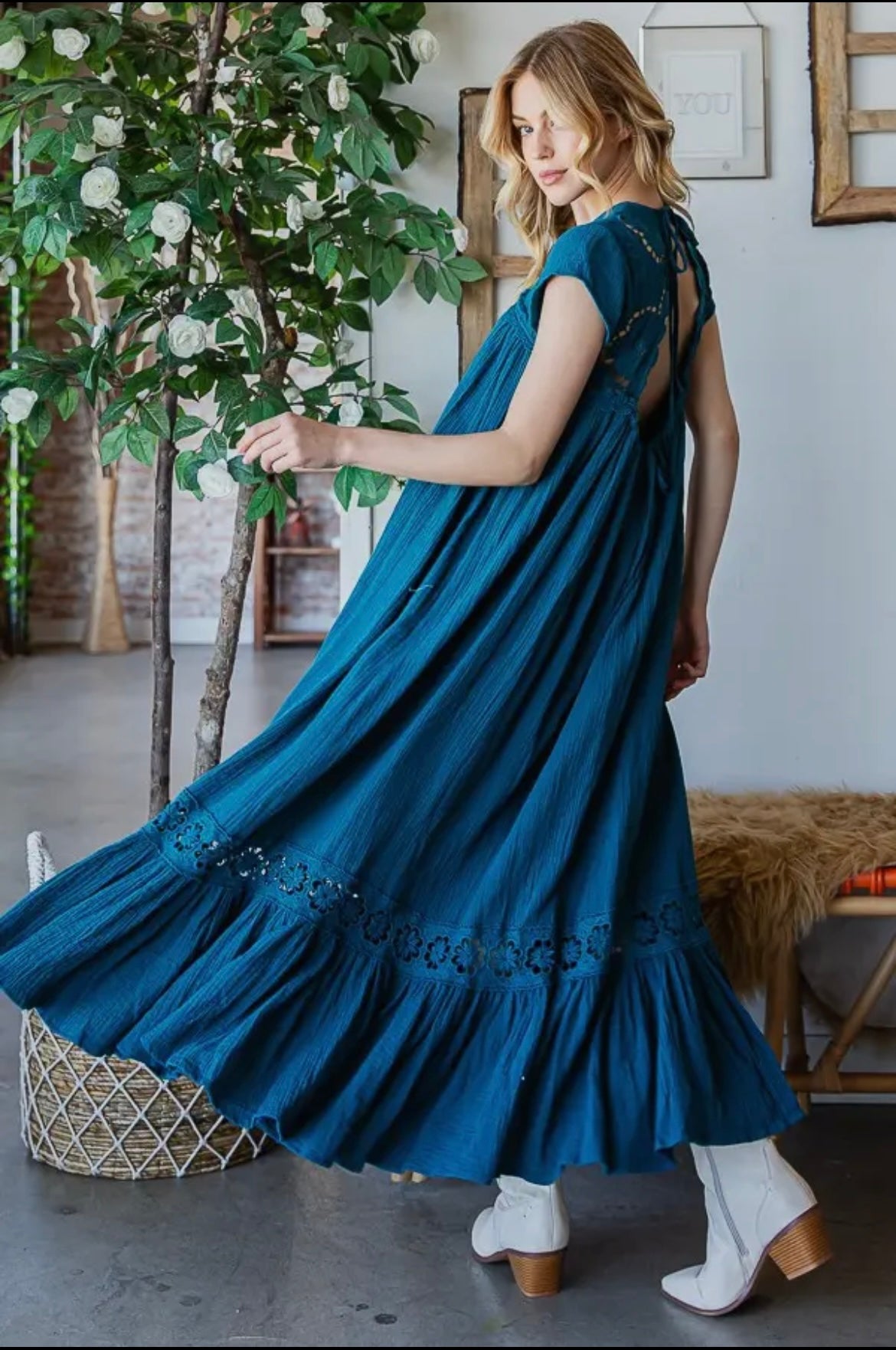 Floral Peasant Dress- Teal