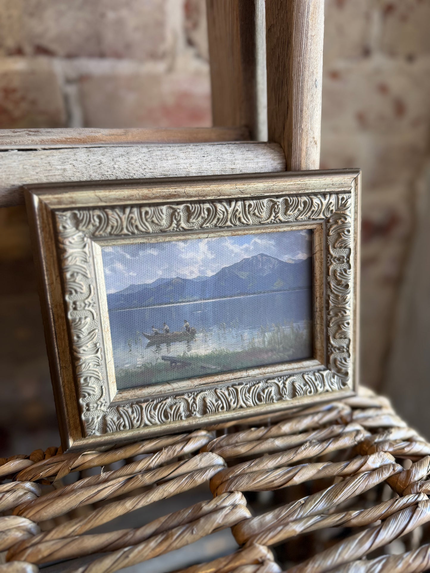 Fishermen on the Lake Framed Antique Art - 7x5