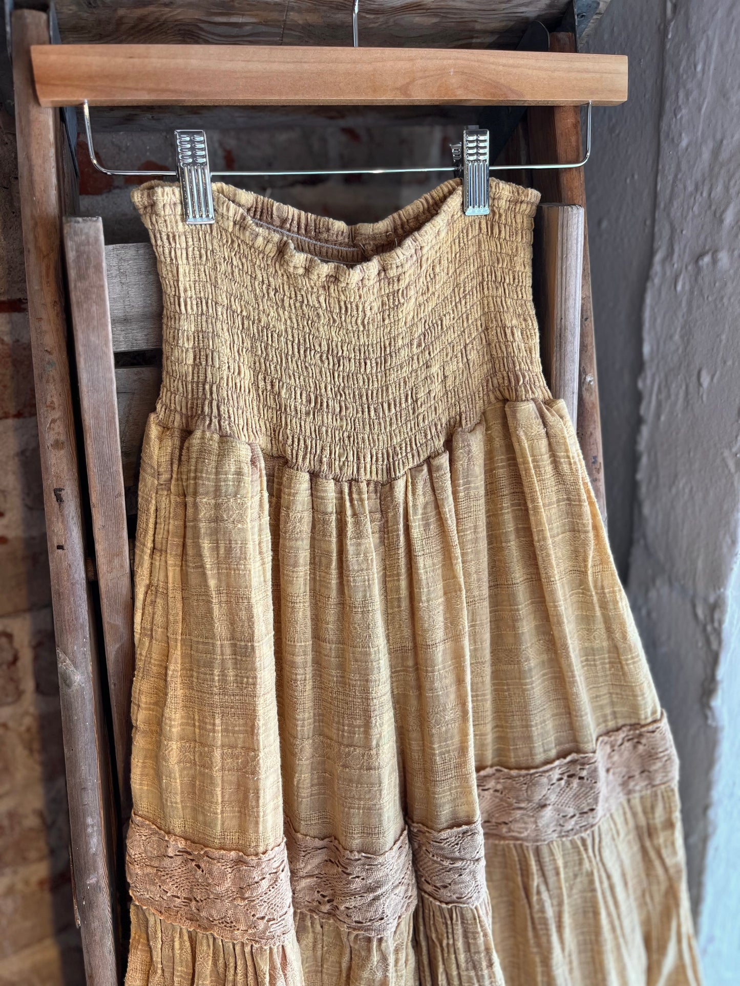 Washed Smocked Waist Tiered Pants- Tan