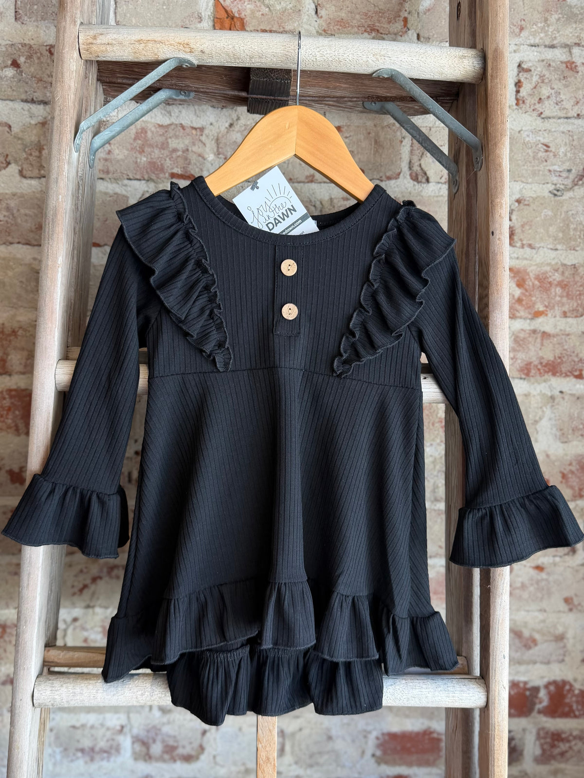 Ribbed Long Sleeve Ruffle Tunic- Black