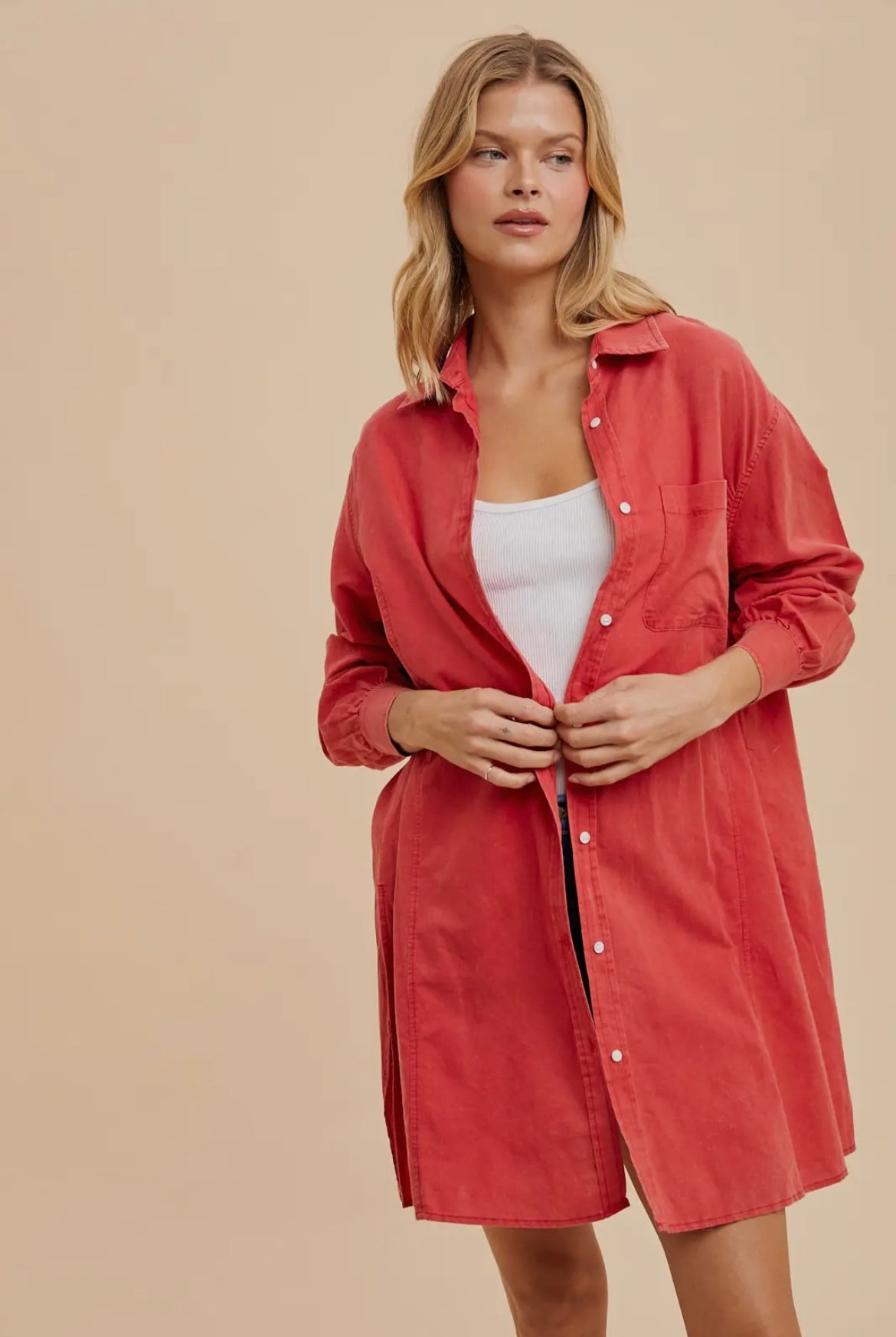 Washed Tomato Red Button Up w/ Bows
