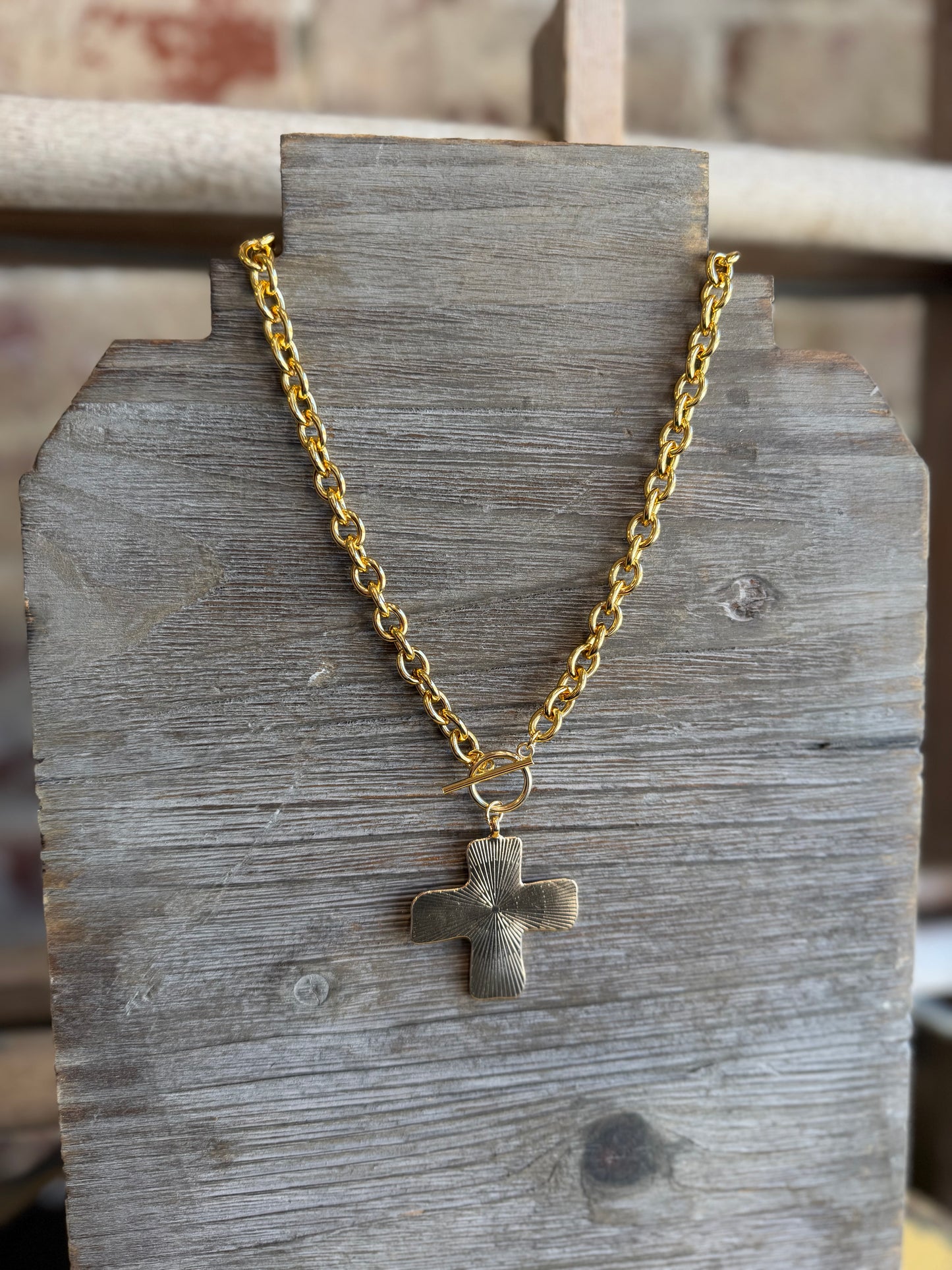 Hammered Cross Necklace- Gold/Waterproof