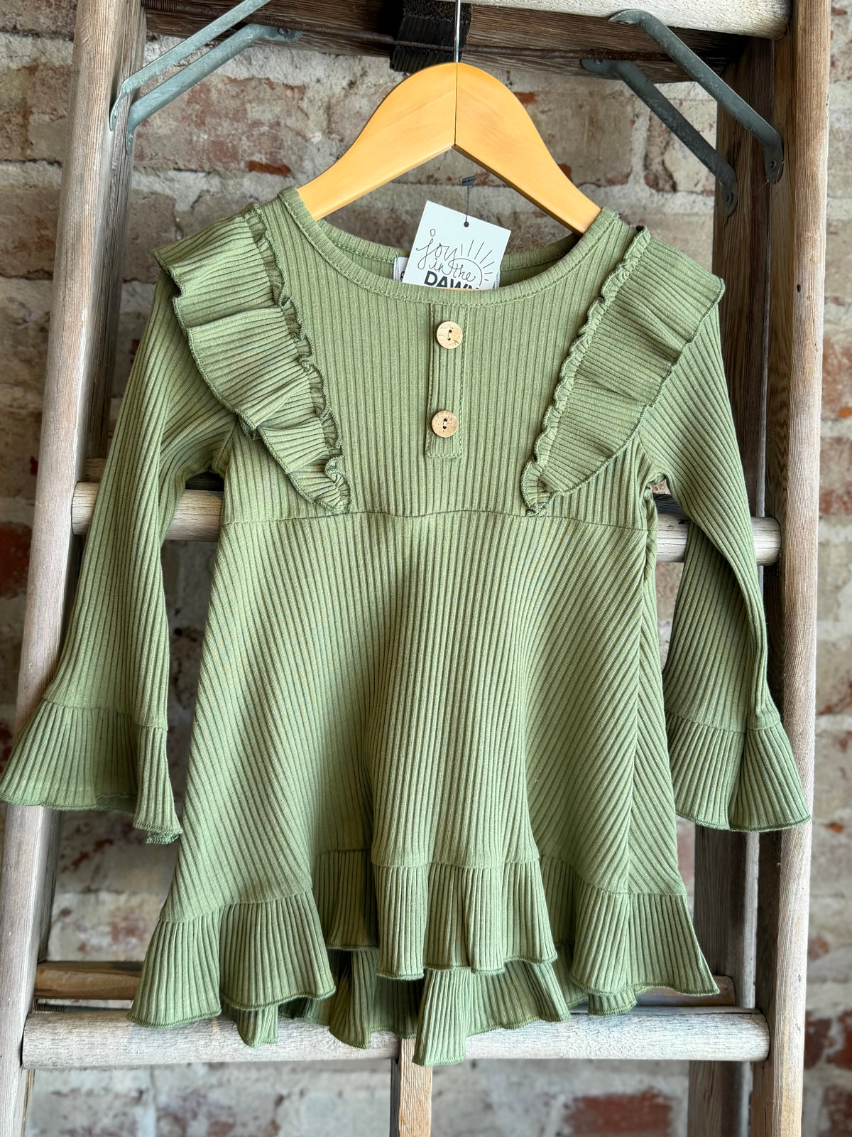 Ribbed Long Sleeve Ruffle Tunic- Olive