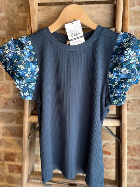 Floral Flare Ribbed Top- Navy