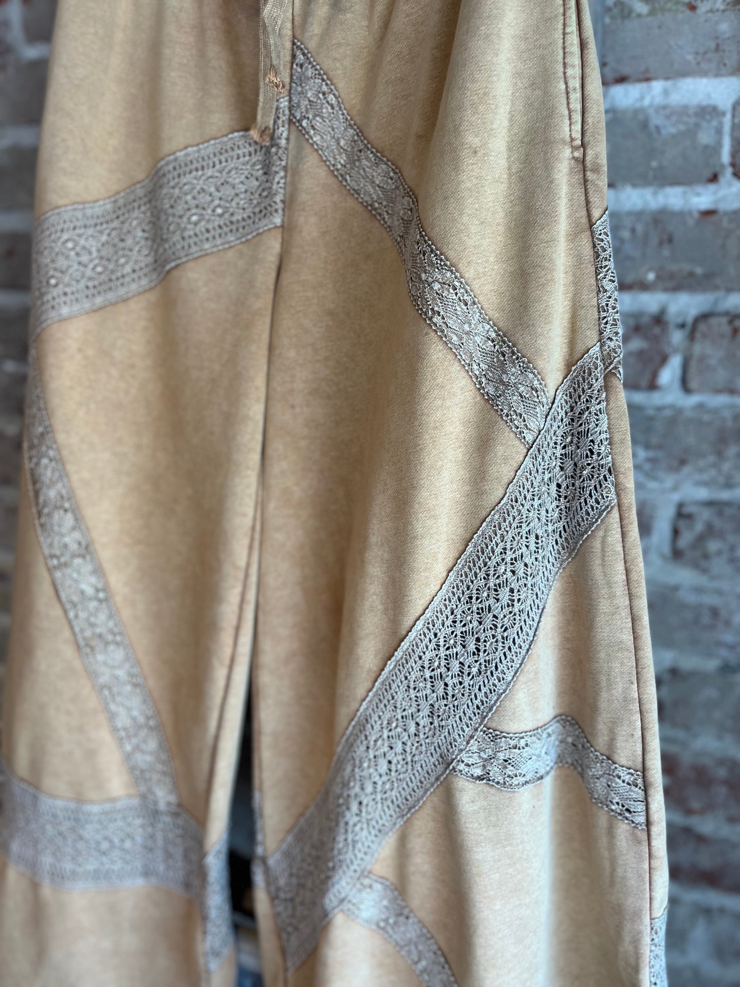 Washed Lace Trim Wide Leg Pants- Coffee