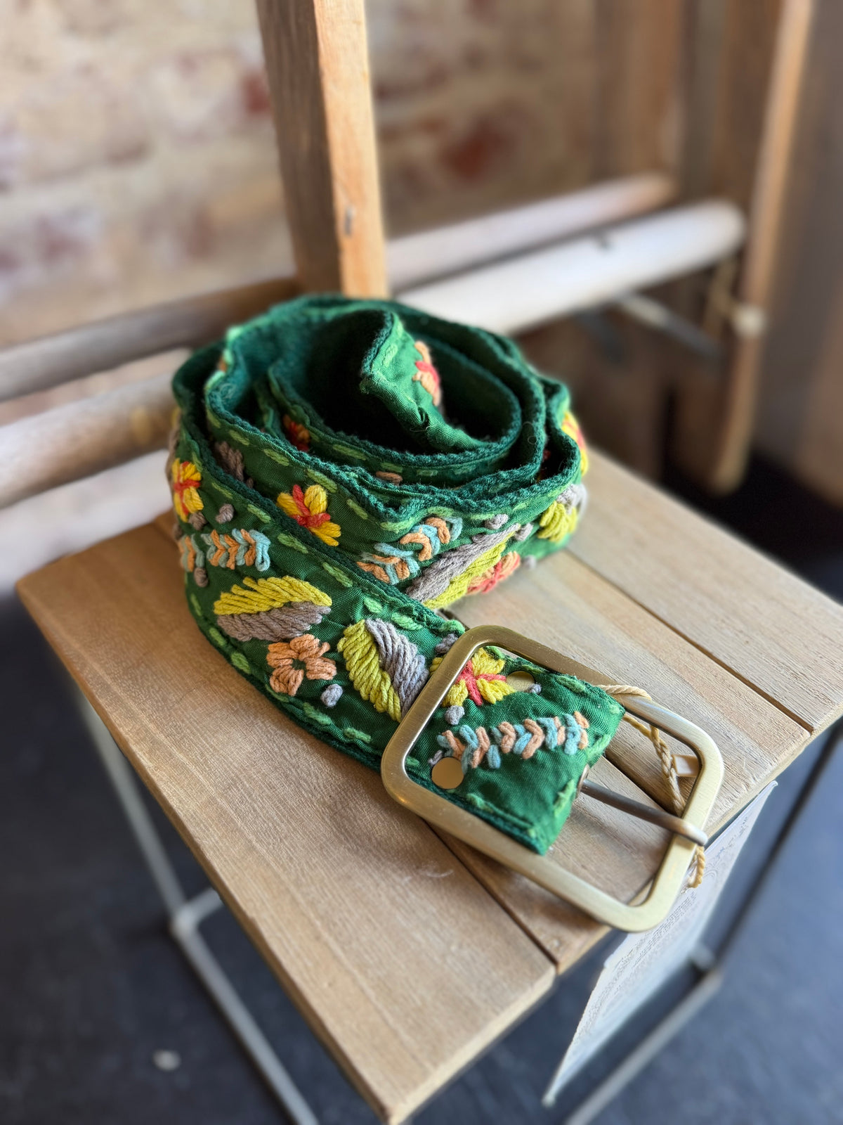 Floral Embroidered Belt - Green