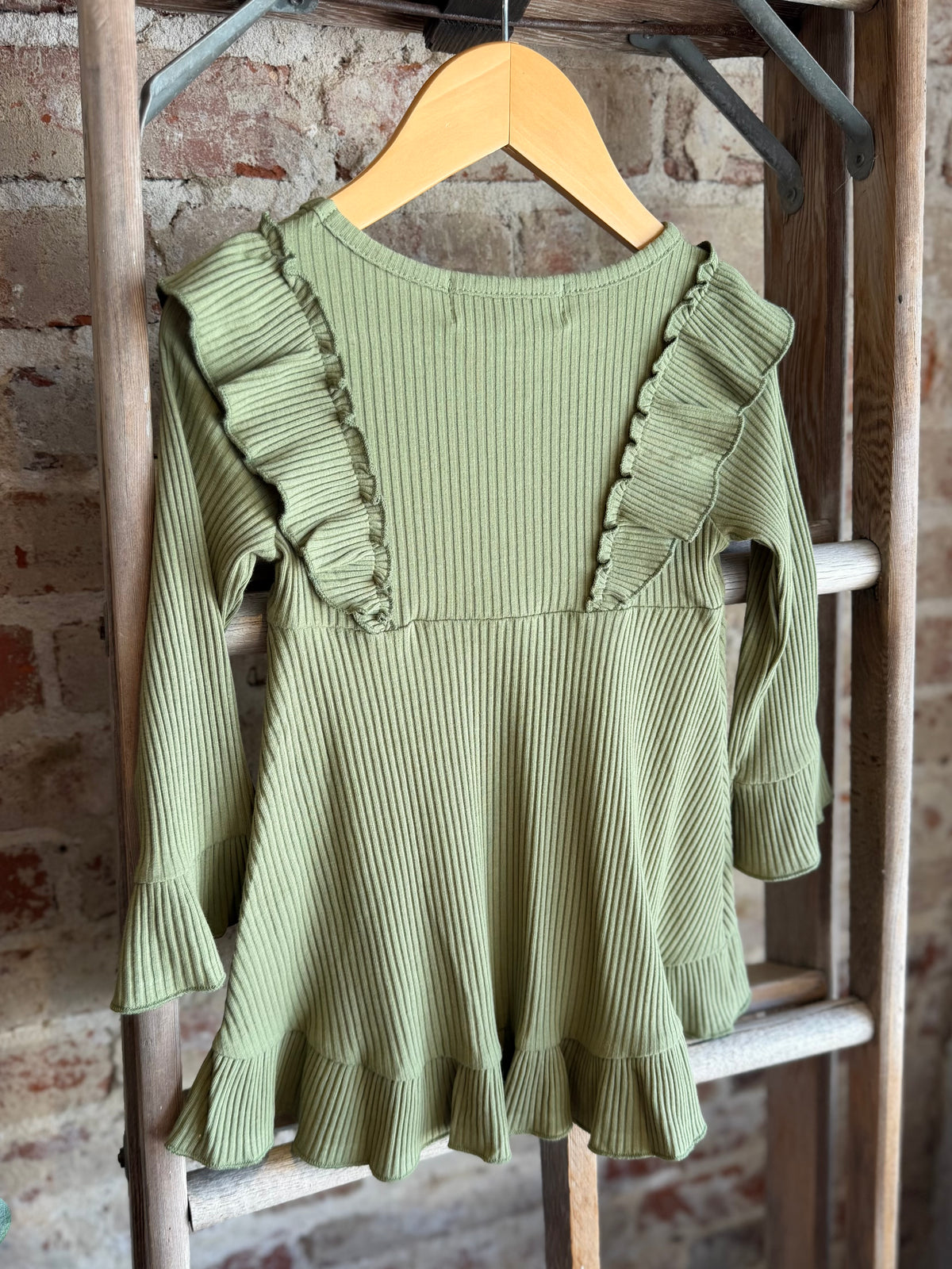 Ribbed Long Sleeve Ruffle Tunic- Olive