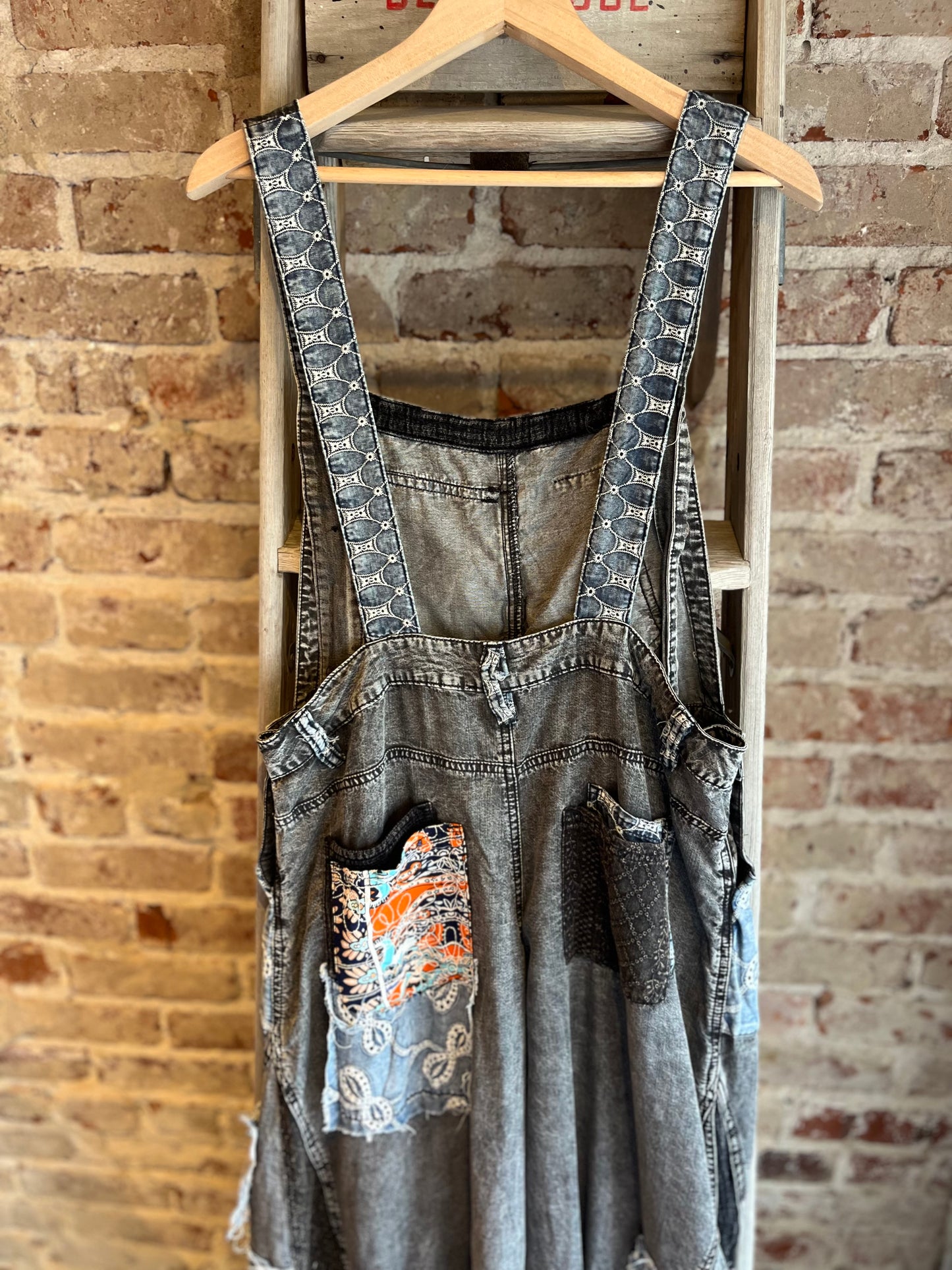 Patchwork Tencel Overalls- Black