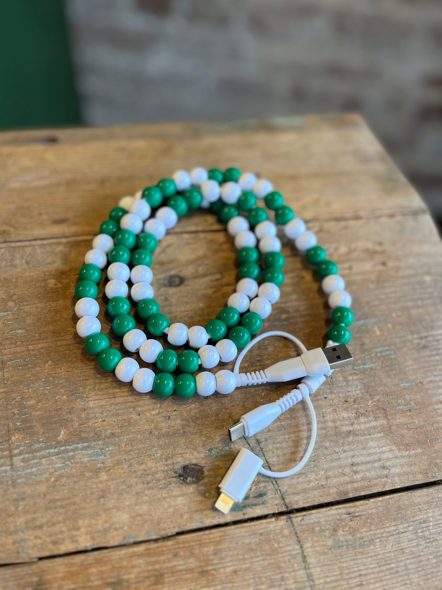 Green + White Beaded Phone Charger