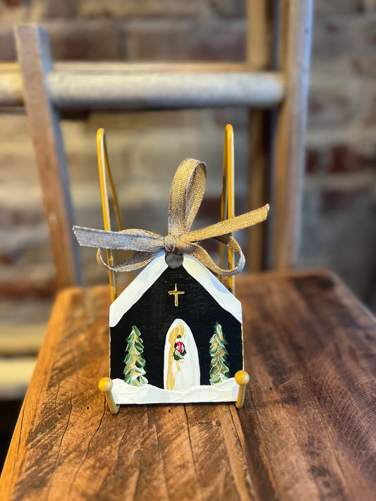 Snowy Church Ornament - Handpainted