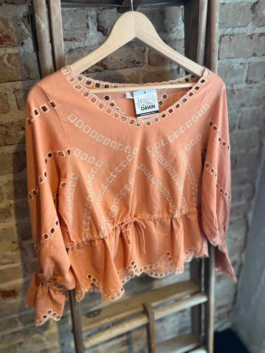 Embroidered Scallop Apricot Blouse
