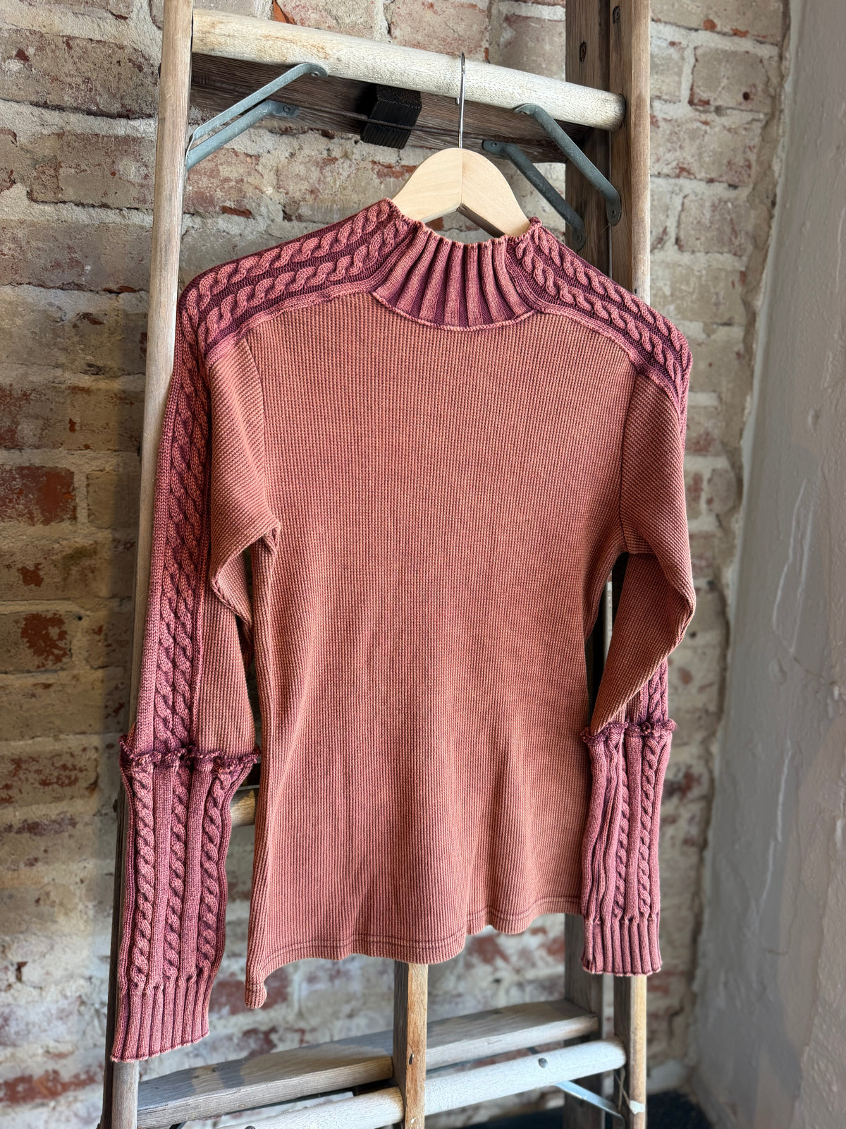 Rust Mock Neck Mixed Media Top