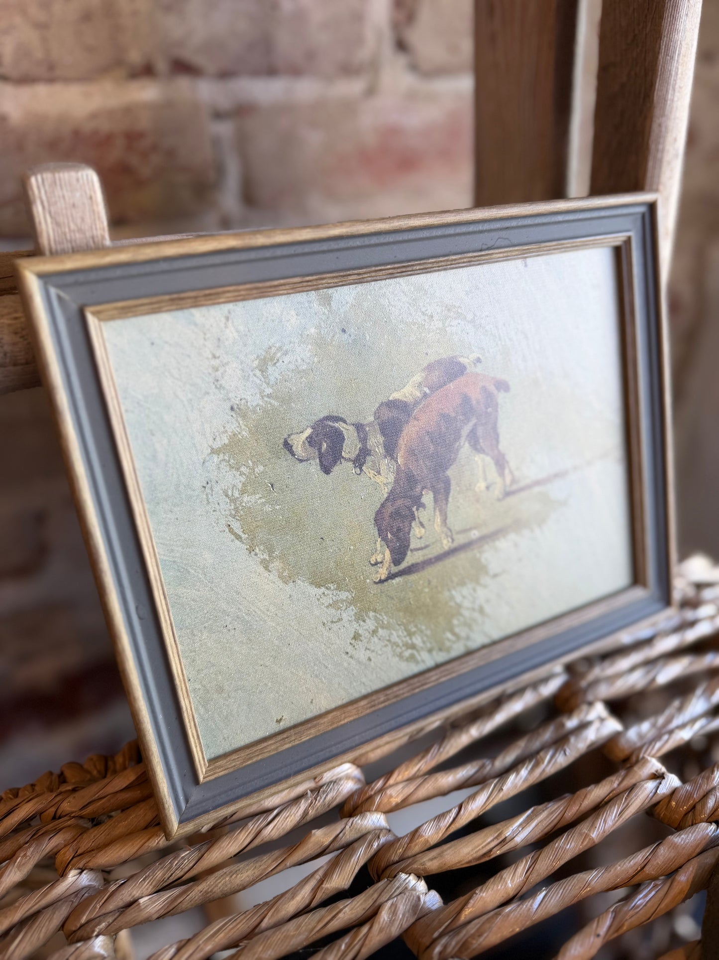 Two Dogs Framed Antique Art - 9x7