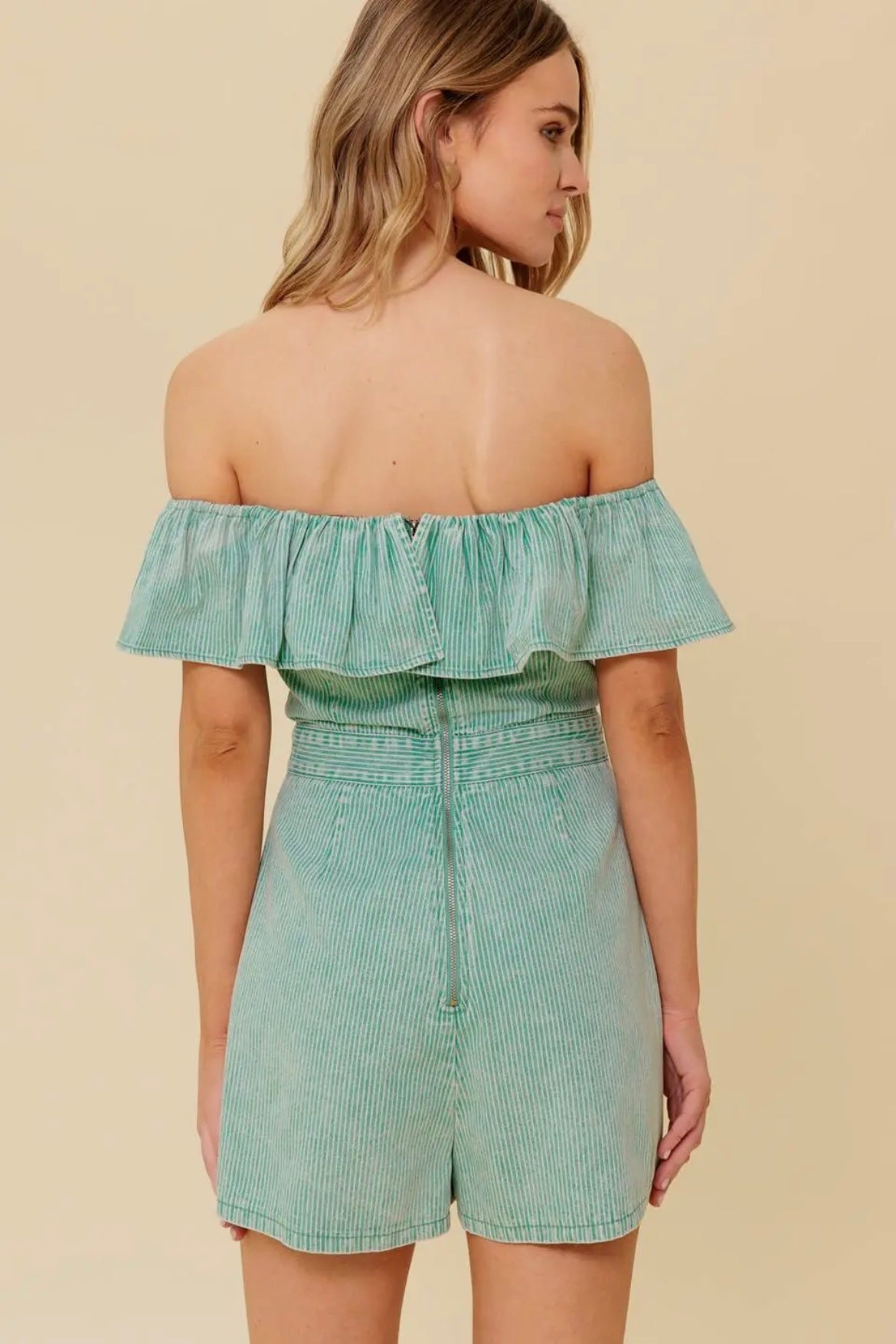Off Shoulder Striped Green Romper
