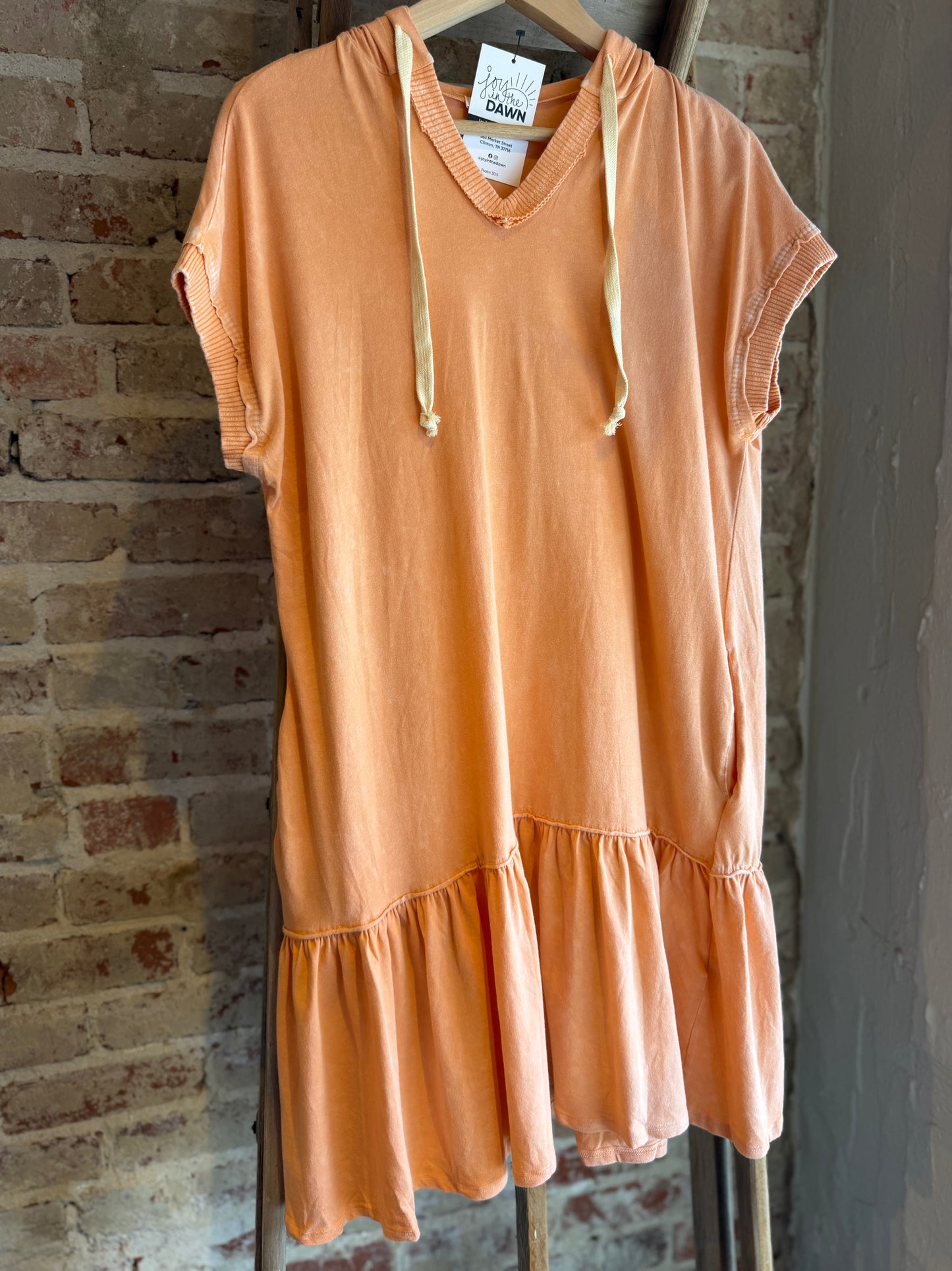 Mineral Wash Hooded Tiered Dress - Light Orange