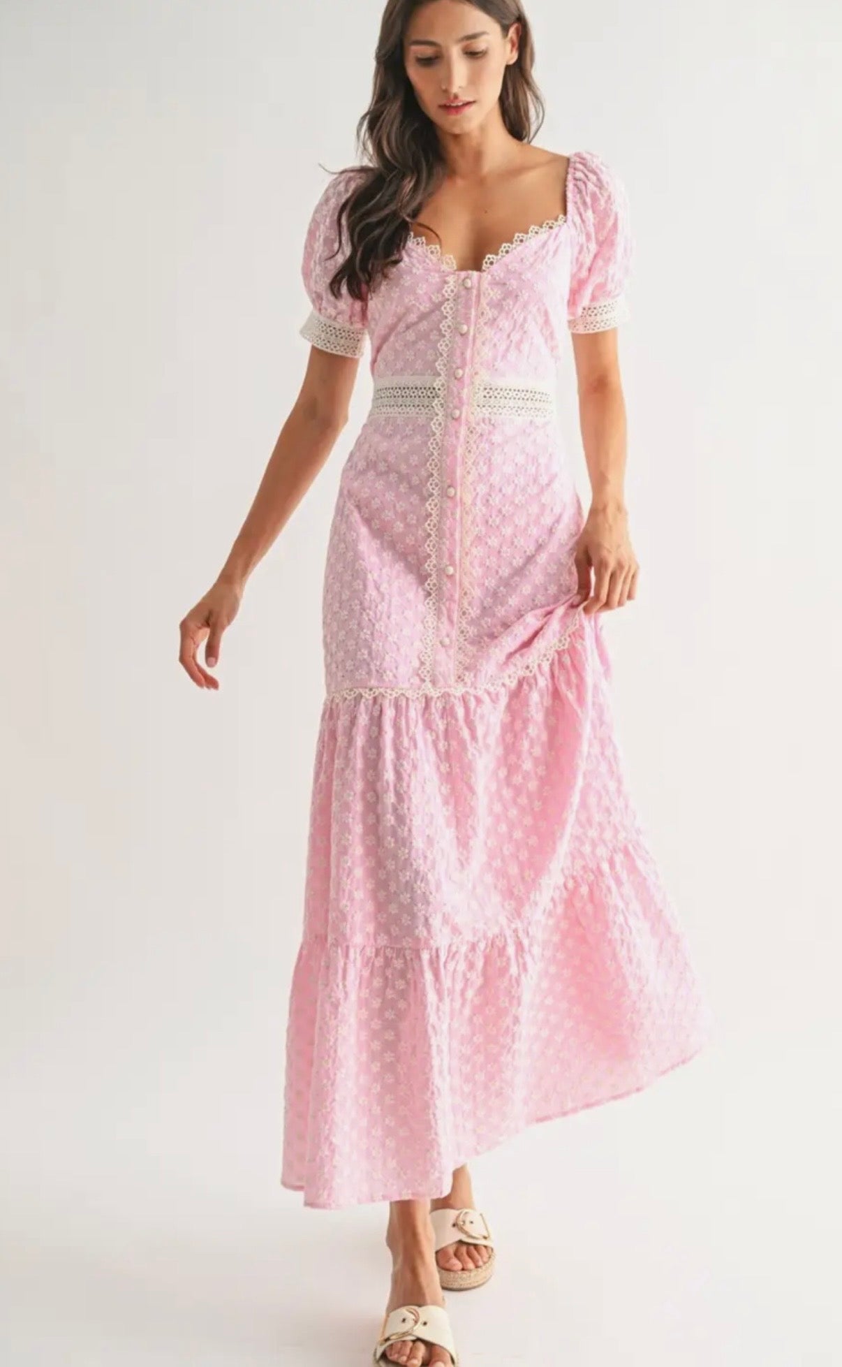 Pink Lace Trimmed Maxi Dress