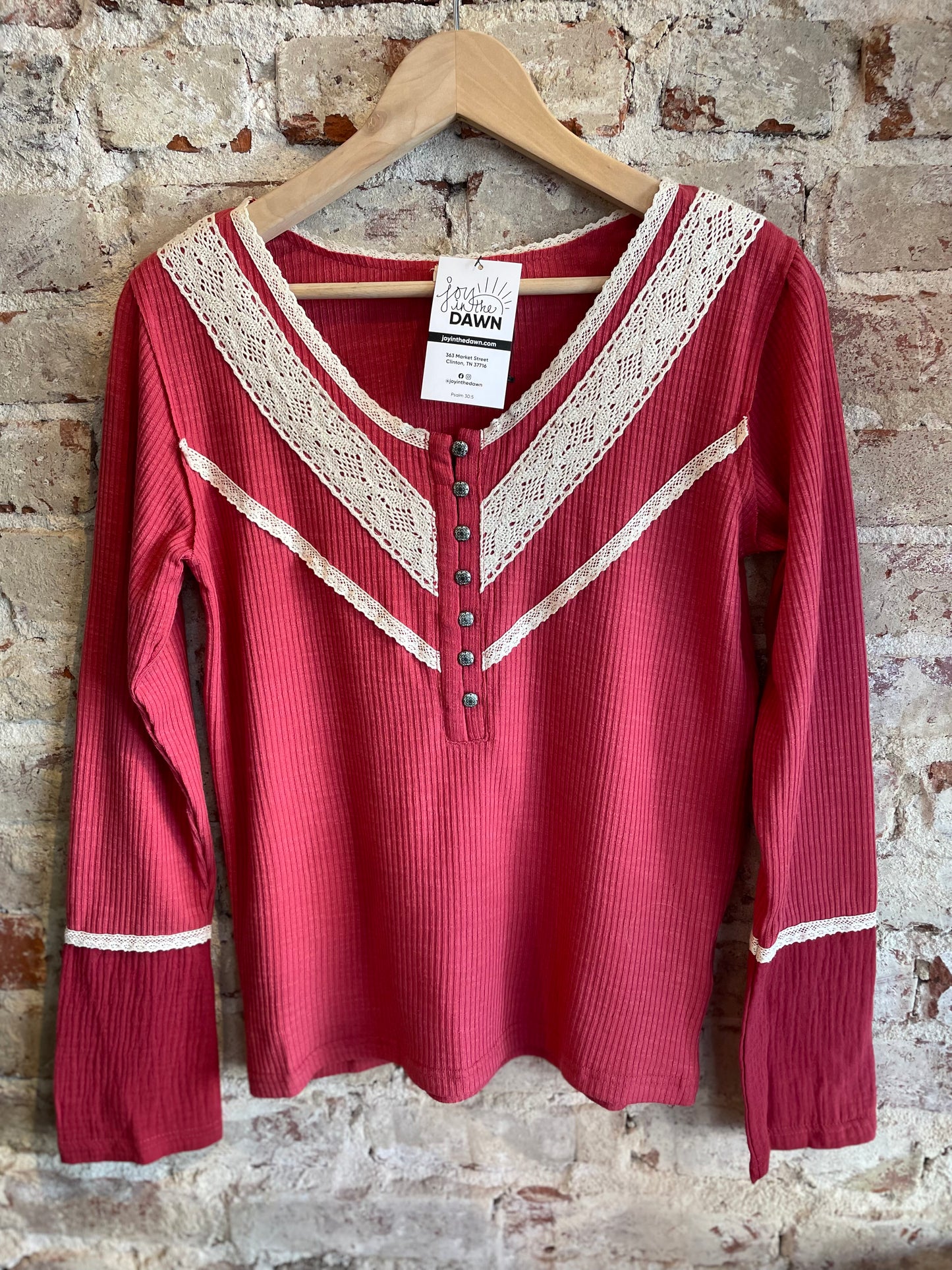 Henley Solid Knit Rib Top- Ruby Red