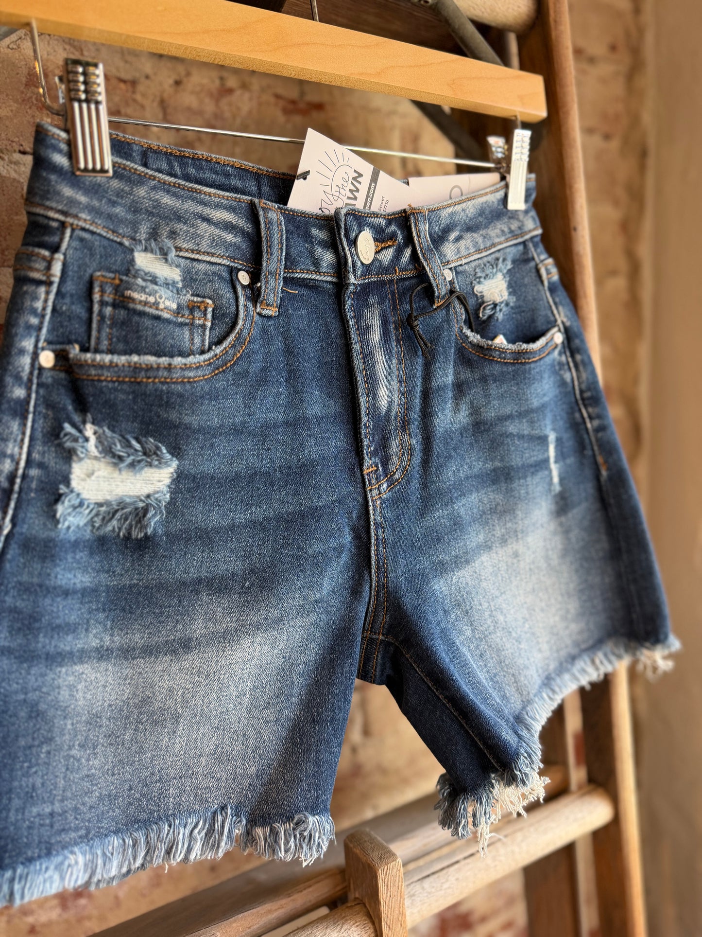 Frayed Hem Denim Shorts- Dark
