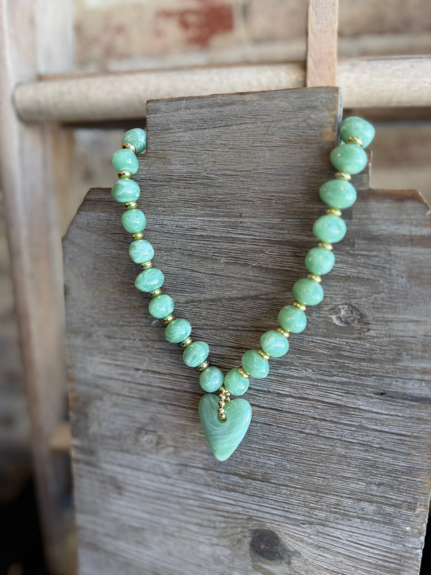 Green Beaded Heart Drop Necklace