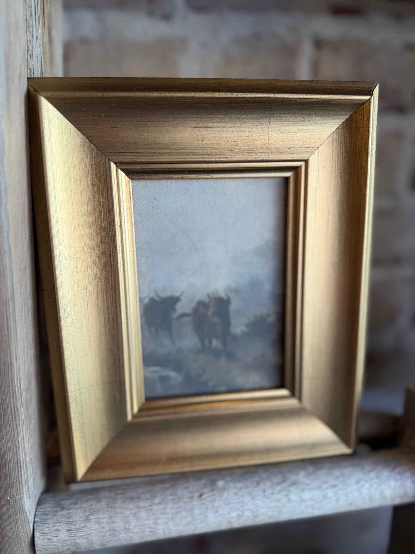 Bulls on a Misty Morn Framed Antique Art