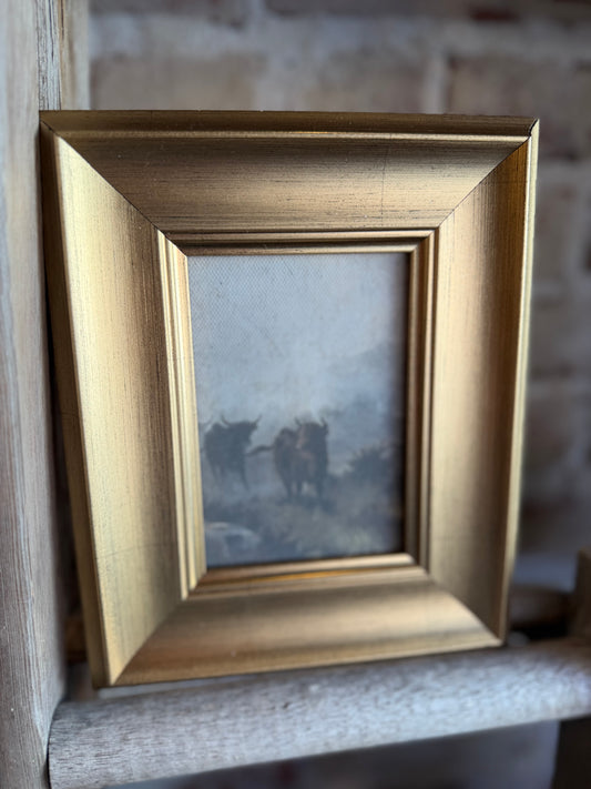 Bulls on a Misty Morn Framed Antique Art