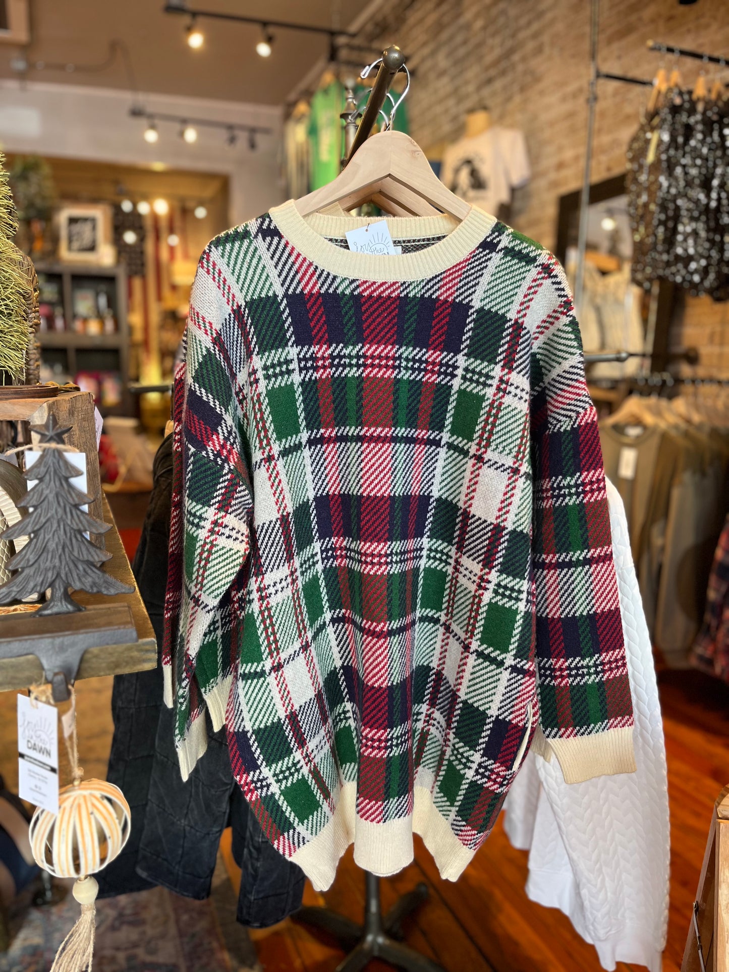 Plaid Knit Tunic Dress - Red/Green