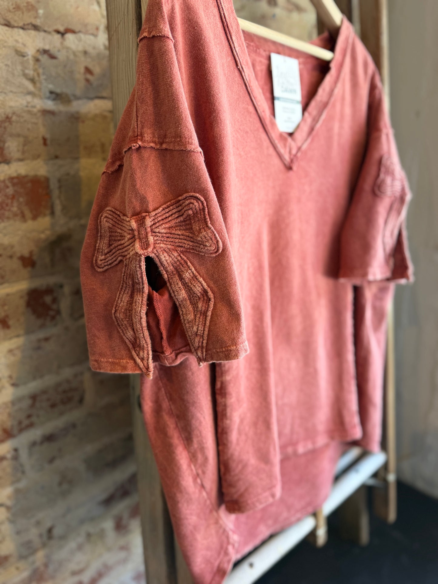 Mineral Wash Bow Sleeve Top - Terracotta