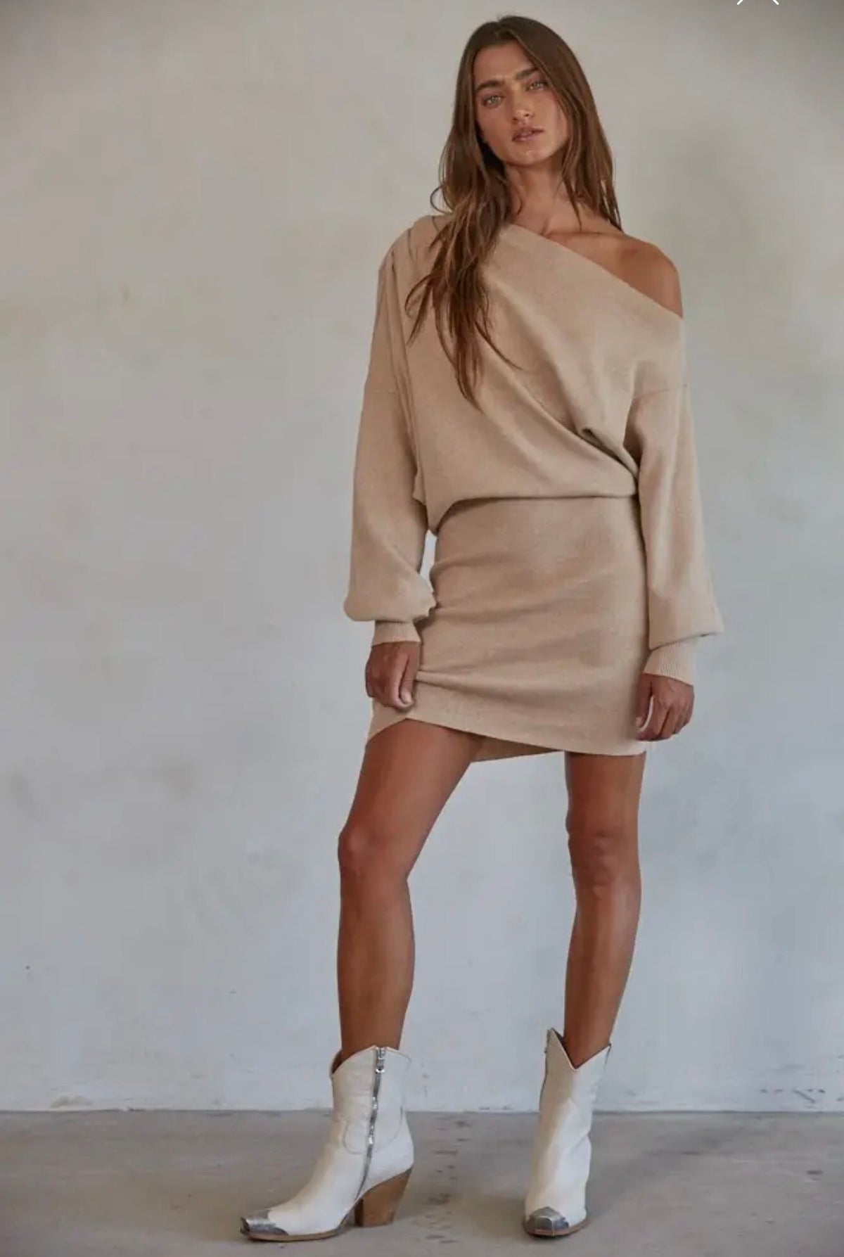 Knit Off Shoulder Sweater Dress- Beige